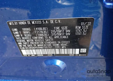 2022 Honda Hr-V Awd Ex из США, поврежденный, VIN 3CZRU6H59NM750767